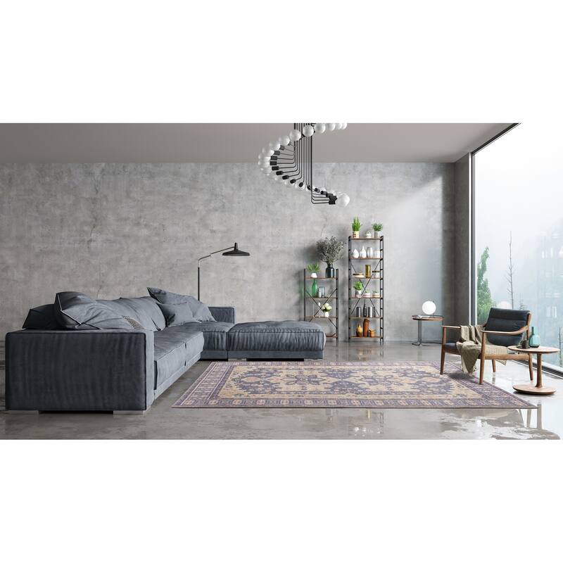 Traditional Transitional Oriental Medallion Border Distressed Textured Cut and Loop Pile Rectangle Area Rug - 7.6x10