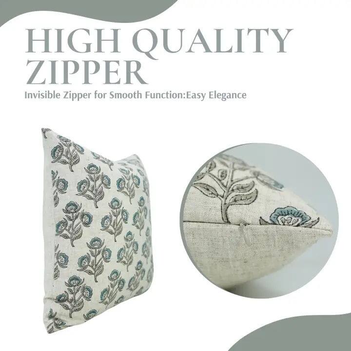 Fabdivine Handmade Floral Blue Viscose Linen Block Print Cushion Case