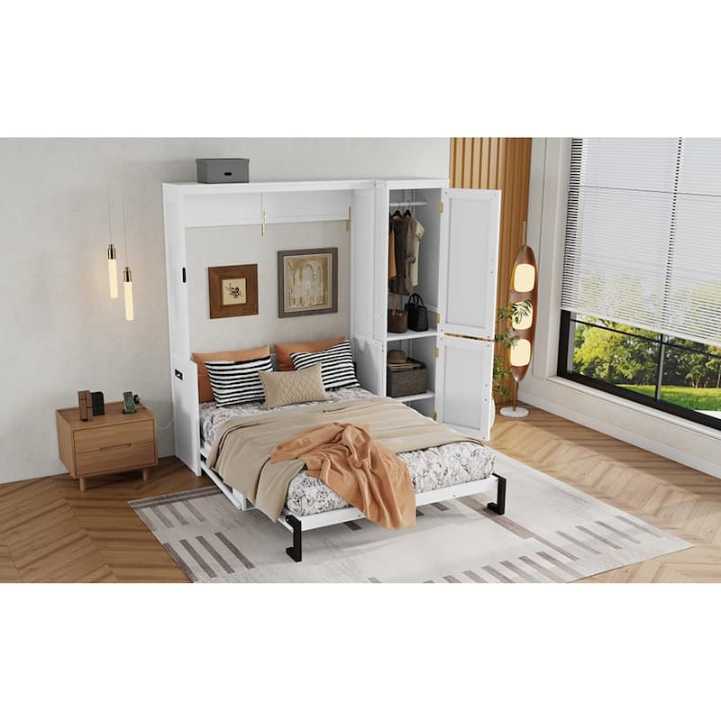 Roomfitters Queen Size Murphy Bed with Wardrobe and Desk, Space Saving Wall Bed with Gas Struts and Charging Station, White