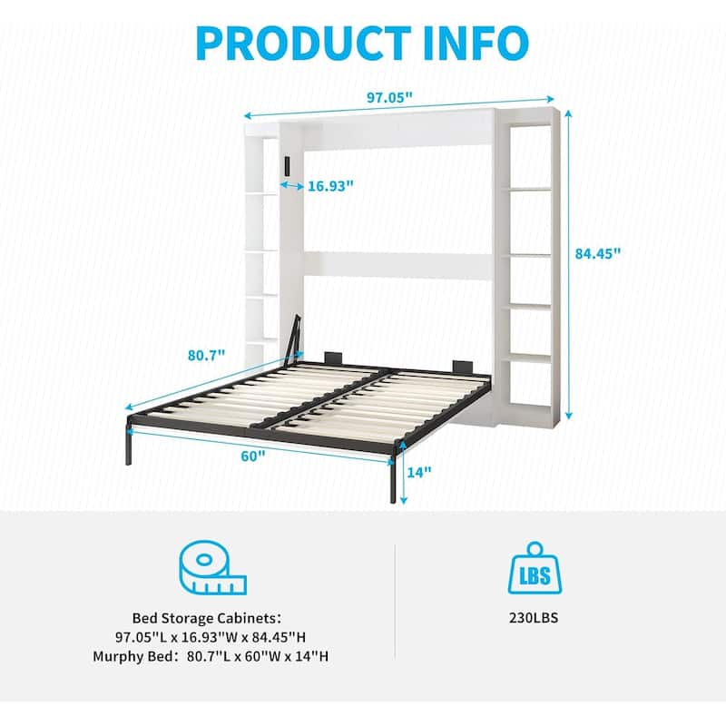Mixoy Murphy Bed,Folding Wall Bed with 2 Side Cabinet Shelves