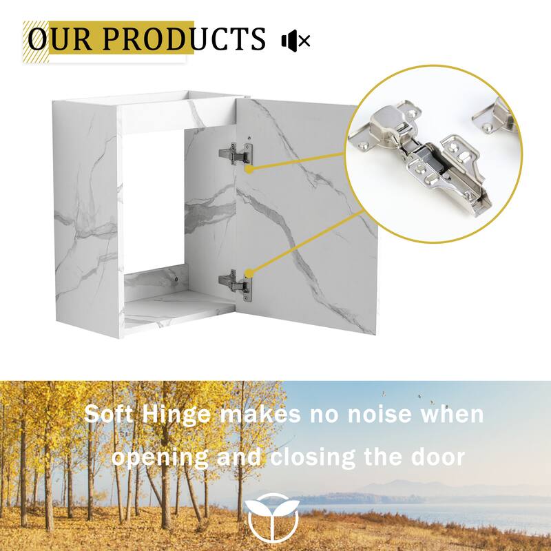 16" Wall-Mounted Bathroom Vanity with Carrara White Ceramic Sink, Soft-Close Doors, and Ample Storage