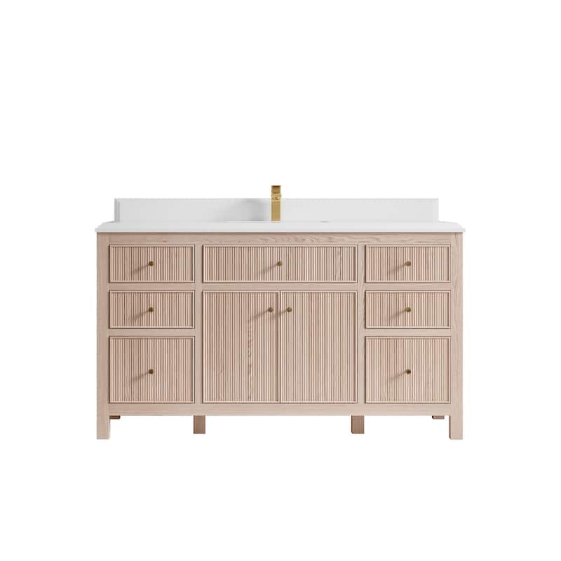 Willow Collections 60 x 22 Sonoma White Oak Wood Single Sink Bathroom Vanity with Quartz or Marble Countertop - 1.5"White - White Oak