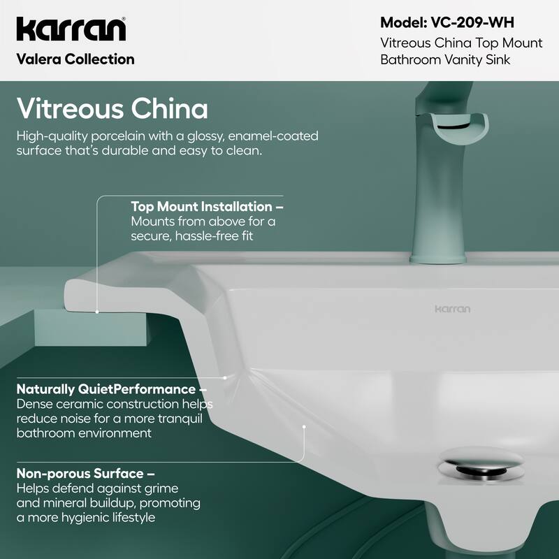 Karran Valera 23" Curved Rectangular Top Mount Vitreous China Bathroom Sink in White