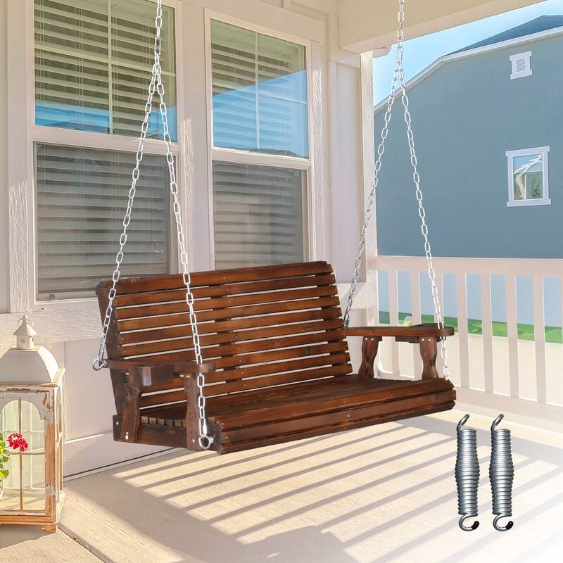 Upgraded 2-Person Wood Porch Swing with Cup Holders and Chains - N/A
