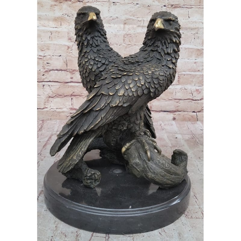 Two Juvenile American Bald Eagles Bronze Metal Statue Sculpture On Marble Base