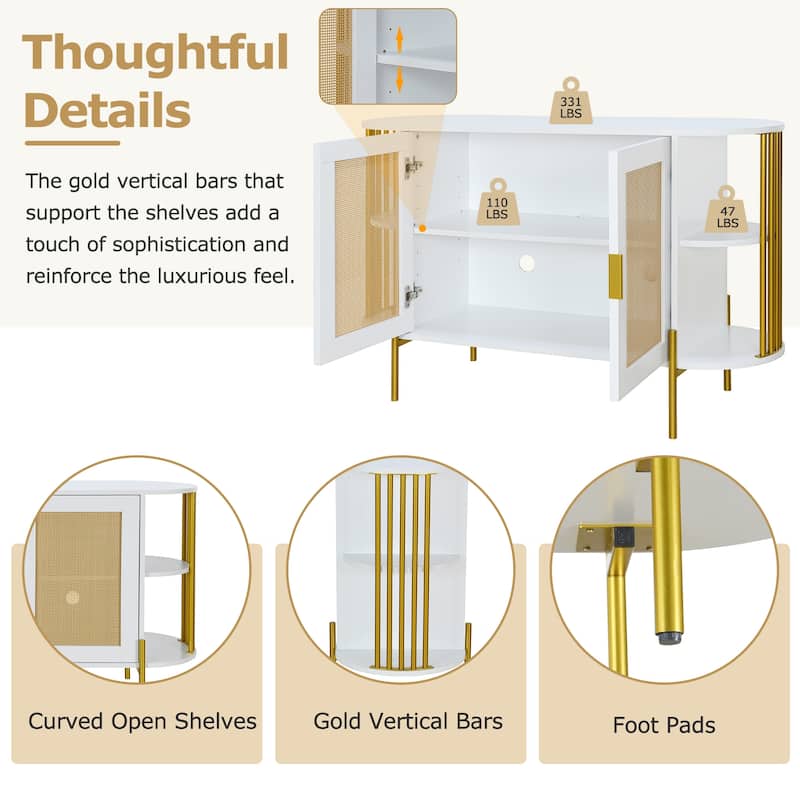 2-Door Storage Cabinet with Woven Rattan Doors, Buffet Sideboard with Gold Trim, Console Table with Curved Open Shelves