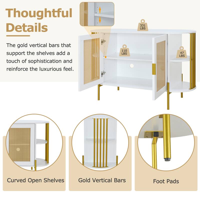 Curved Dining Sideboard with Gold Trim and Woven Rattan Doors for Stylish Dining Room Storage