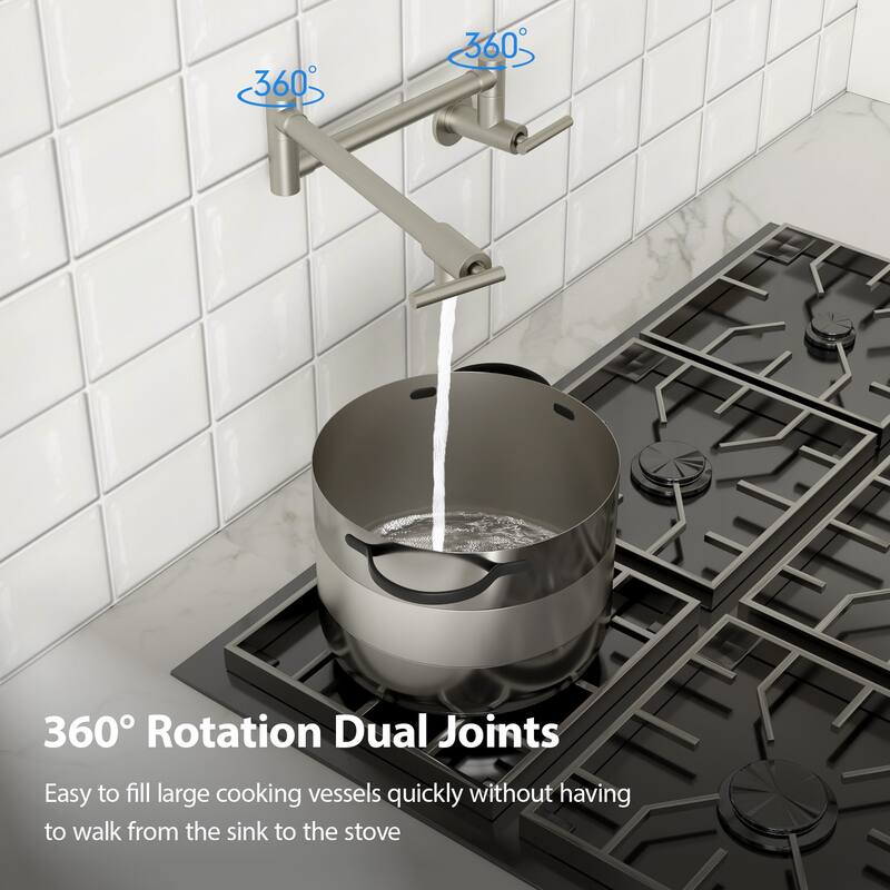 Lordear Wall Mount Brassmetal Pot Filler Faucet with Single Hole 360 Degree Rotation Dual Joints