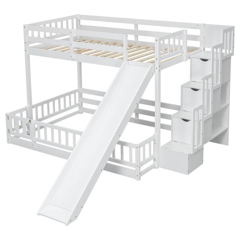 Twin Over Full Bunk Bed with Storage Staircase, Slide and Guardrails Toddler Floor Bed with Fence and Door, Floor Bunk Bed Frame