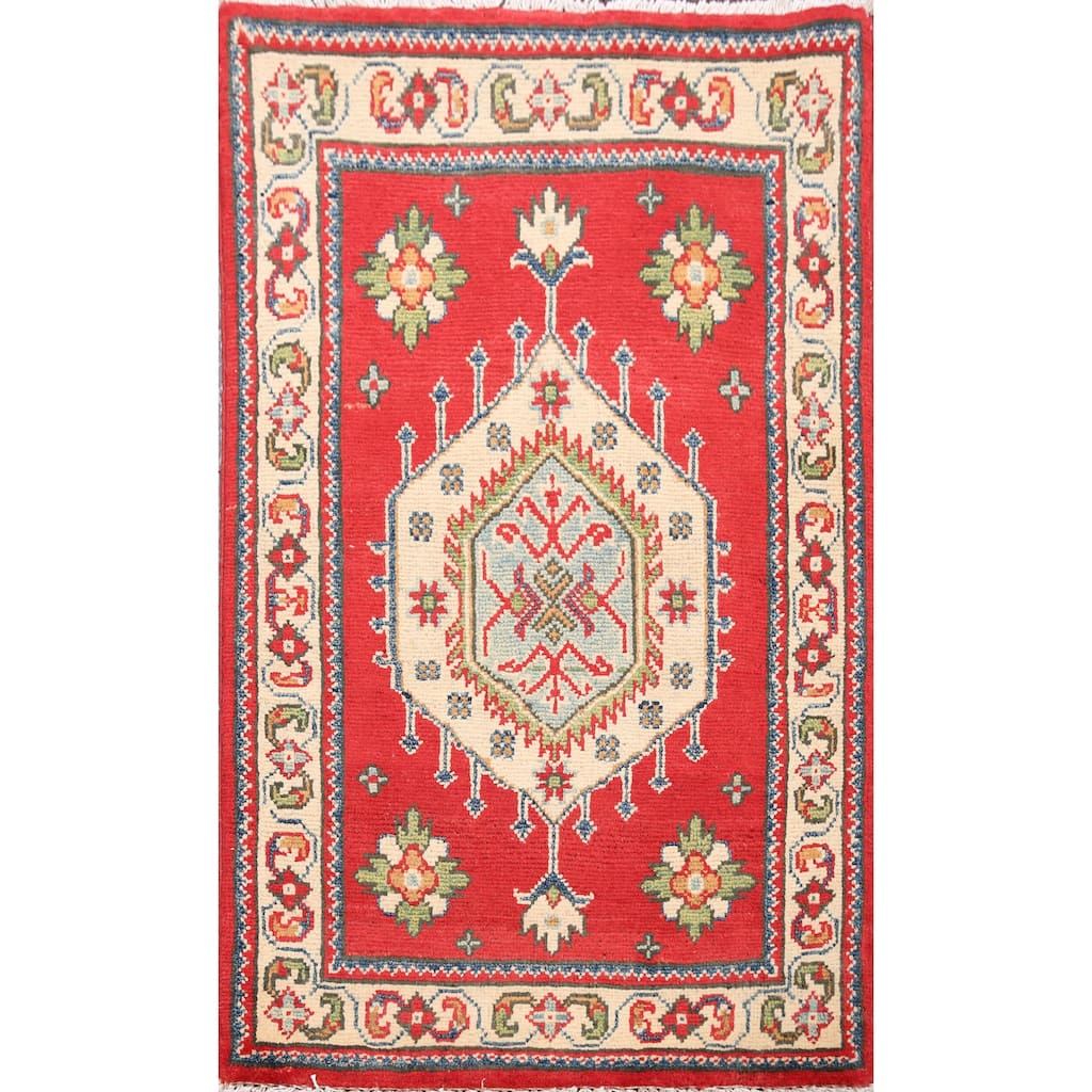 Geometric Super Kazak Oriental Area Rug Hand-Knotted Red Wool Carpet - 2'1" x 3'2"