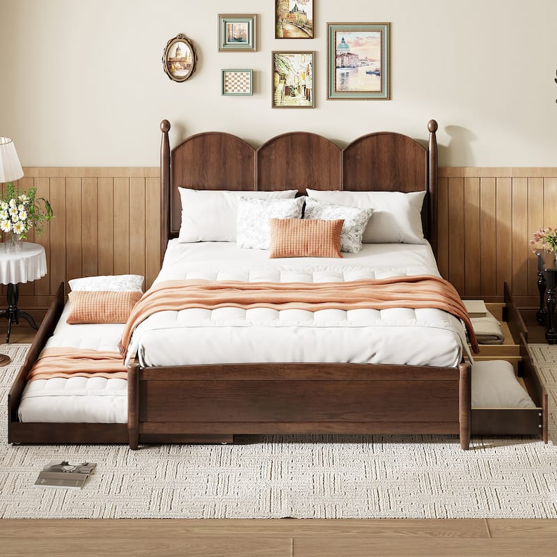 Queen Size Wood Platform Bed with 2 Drawers and Twin XL Trundle, Solid Wood Queen Bed Frame with Headboard, Wood Slats Support
