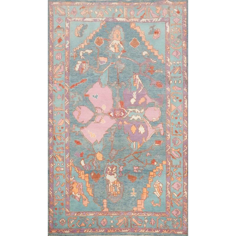Hand Knotted Oriental 100% Wool Carpet Transitional Geometric Navy Blue & Blues Oushak Area Rug - 6' 10'' X 4' 1''