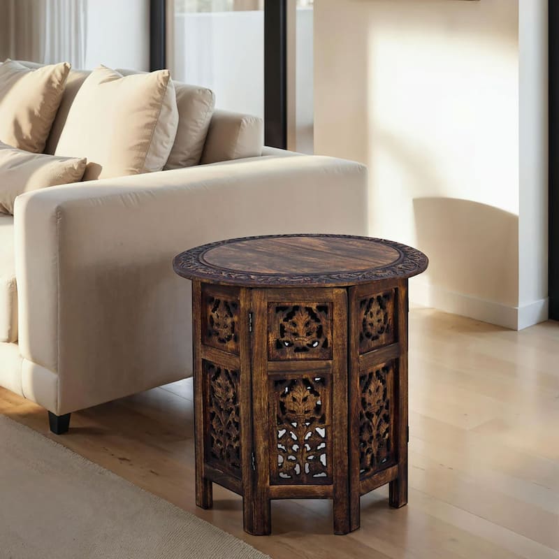 18 Inch Mango Wood Folding Accent Table, Hand Carved, Walnut Brown - Bown - Wood