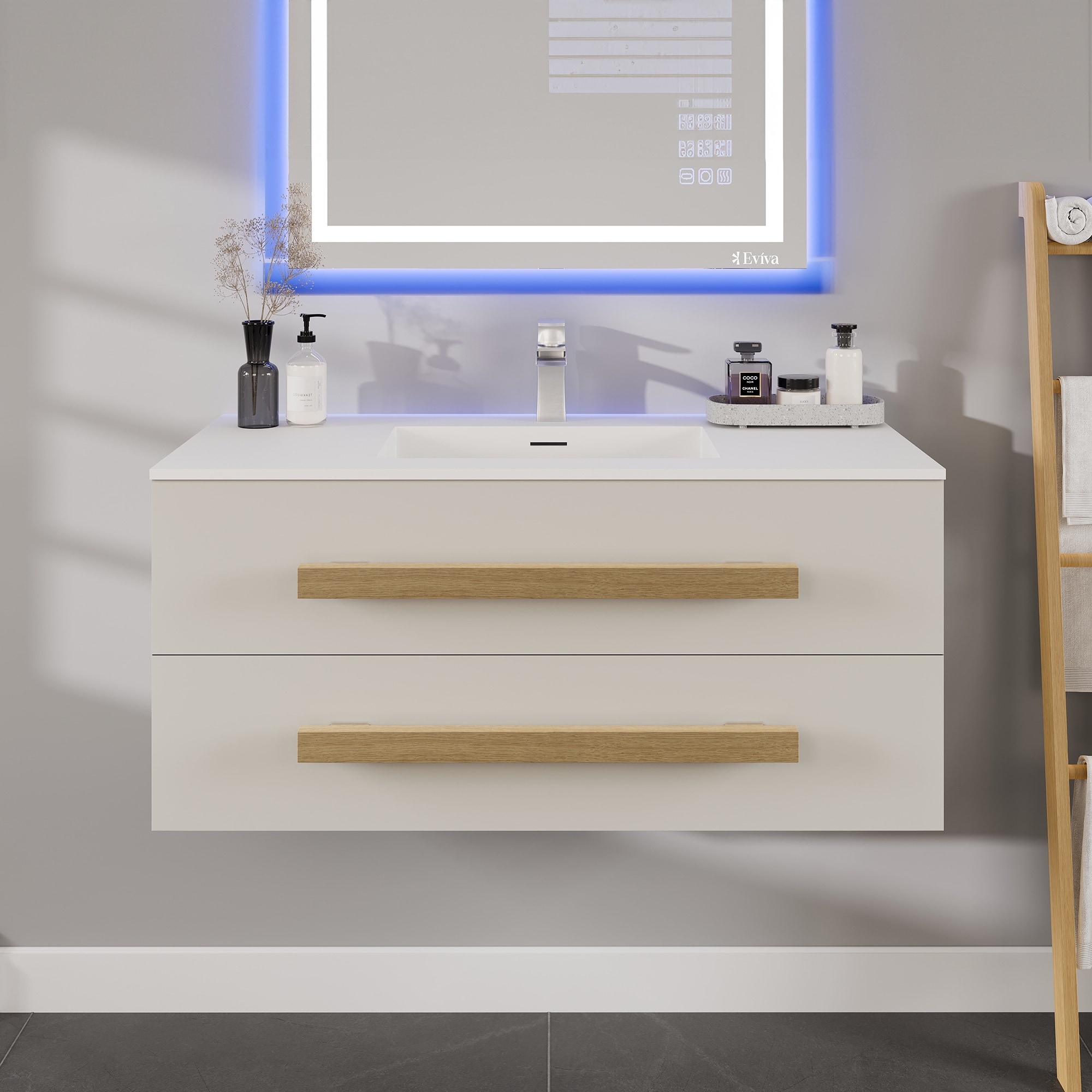 Vienna 36 in. W x 20 in. D x 22 in. H Floating Bathroom Vanity in Blue with White Acrylic Top weith White Sink