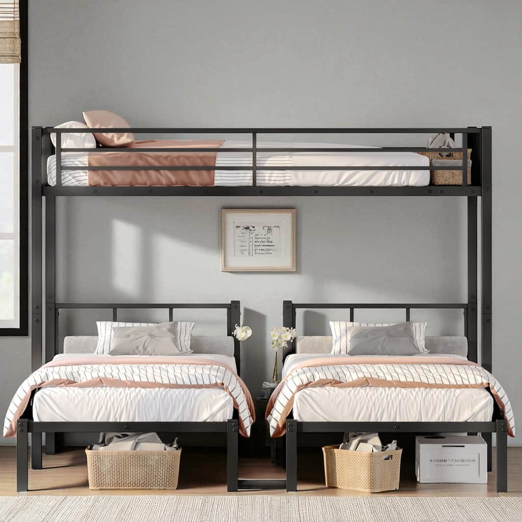 Metal Triple Bunk Bed for 3, Twin XL Over Twin & Twin, Convertible to 3 Twin Beds with Guardrails and Ladder