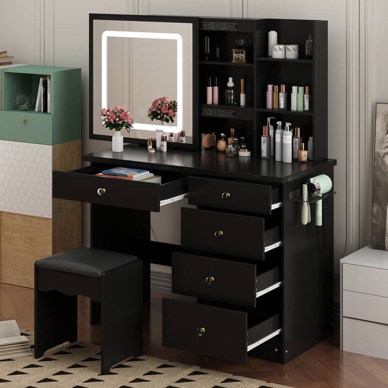Vanity Desk Lighted Mirror Makeup Vanity Table Set w/Charging Station