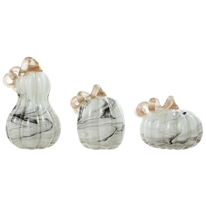 Glitzhome Fall Harvest Gray Marble Glass Pumpkin & Gourd Chinese Ink Wash Painting Style for Thanksgiving Decor (Set of 3)