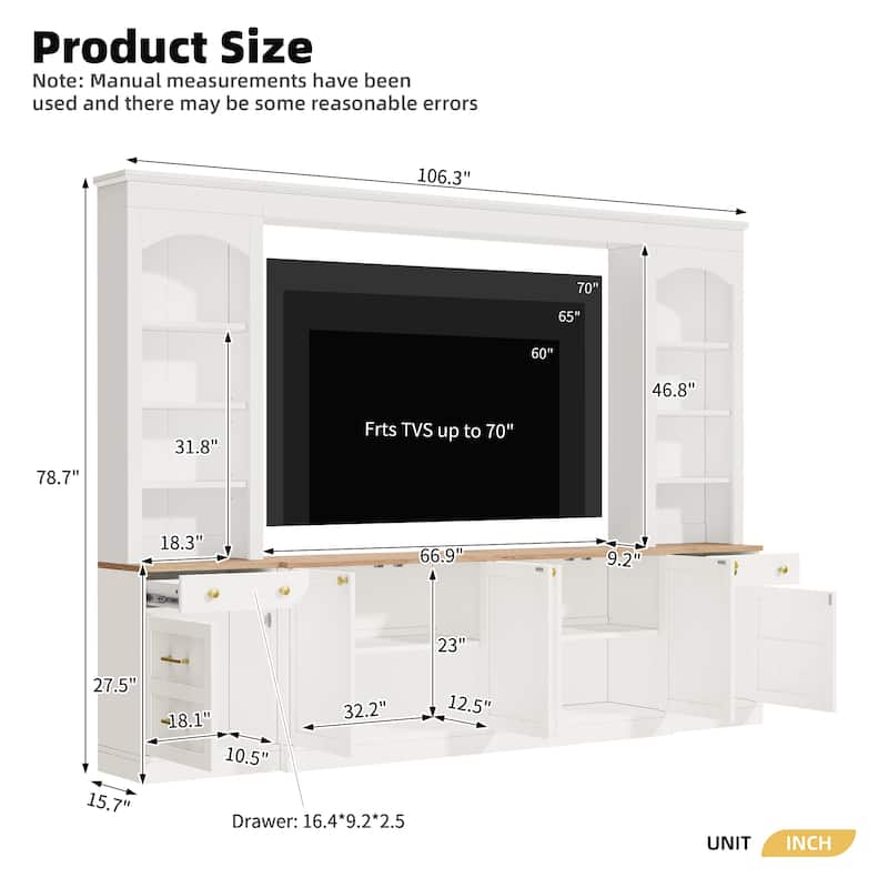 Farmhouse Arched Entertainment Center Wall Unit with Bookshelf,for TVs Up to 70",106"Multi-Functional Media Console with Drawer
