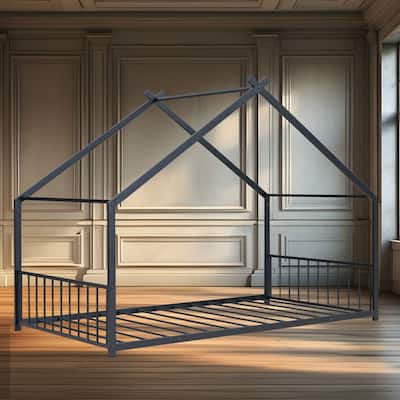 Metal House Bed for Kids, Twin Size with Roof, Semi-Enclosed Play Space, Easy Assembly