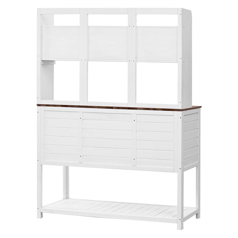 Outdoor Wood Potting Bench with Cabinets and Hutch, Garden Workstation Table with Adjustable Shelves and Hooks