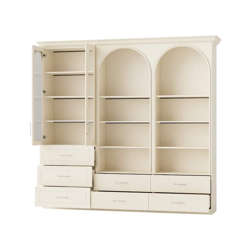 Modular Bookcase with LED Lights, Glass Door Storage Cabinet with Drawers, Large Display Shelving Unit Sideboard