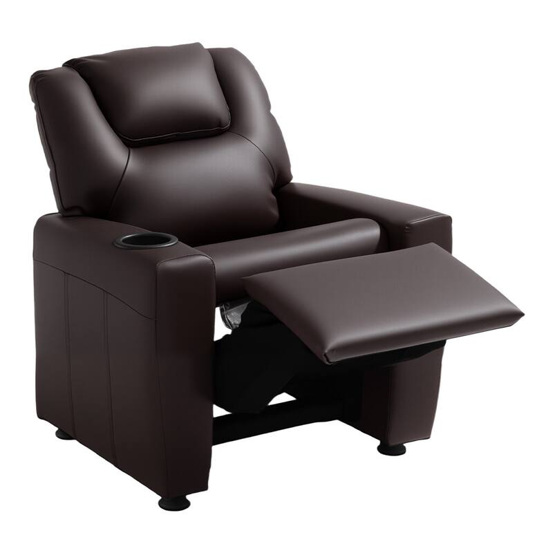 Kids Recliner Chair with Adjustable Backrest, Cup Holders and Leather Surface - 22.4 x 20.3 x 25.8 in - Brown