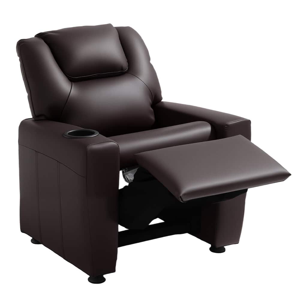 Kids Recliner Chair with Adjustable Backrest, Cup Holders and Leather Surface - 22.4 x 20.3 x 25.8 in