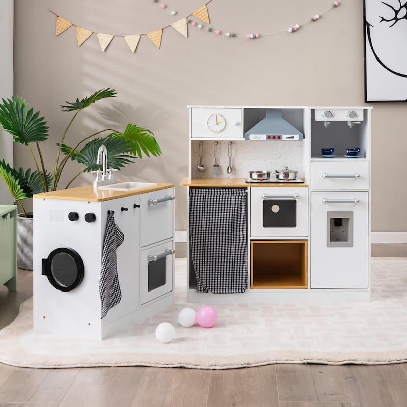 2-Pieces White-Natural Wooden Kitchen Playset with Pull-out Drawer and Cabinets - 31" x 11.5" x 32" (L x W x H)