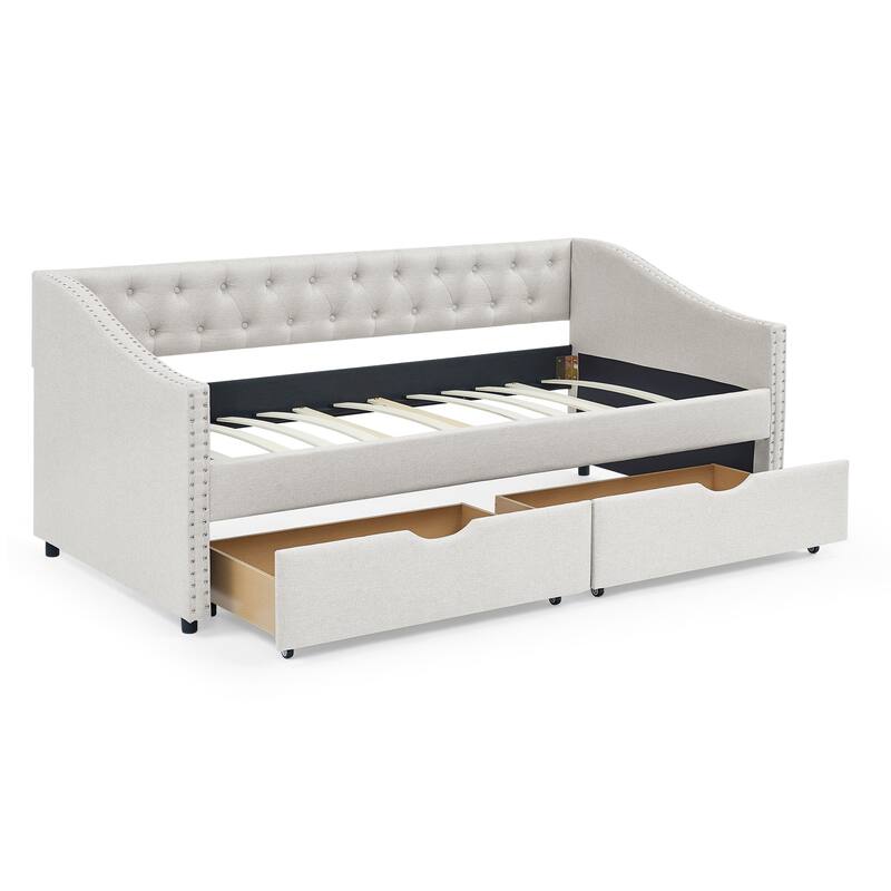 Twin Size Linen Upholstered Daybed Frame with 2 Drawers, Buttons Tufted Backrest, Copper Nail Decoration