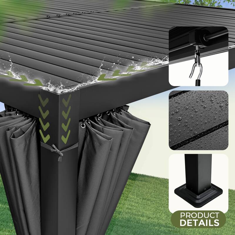 10 ft. x 10 ft. Aluminum Louvered Pergola with Adjustable Roof and Curtains