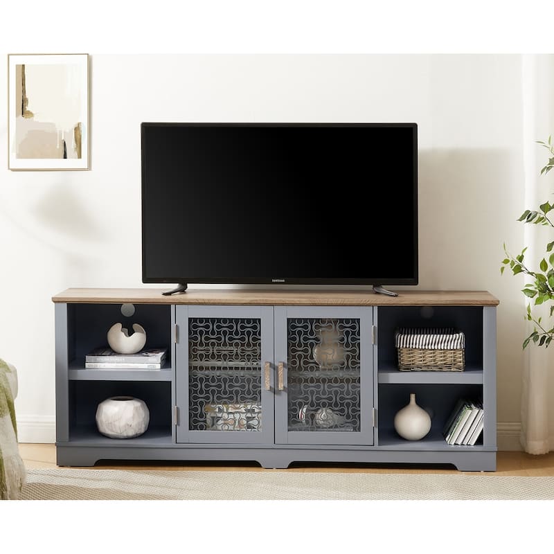 Farmhouse Style TV Stand Home Entertainment Console, for TVs Up To 80'' with Open Shelving and Glass Doors, For Living Room - Blue