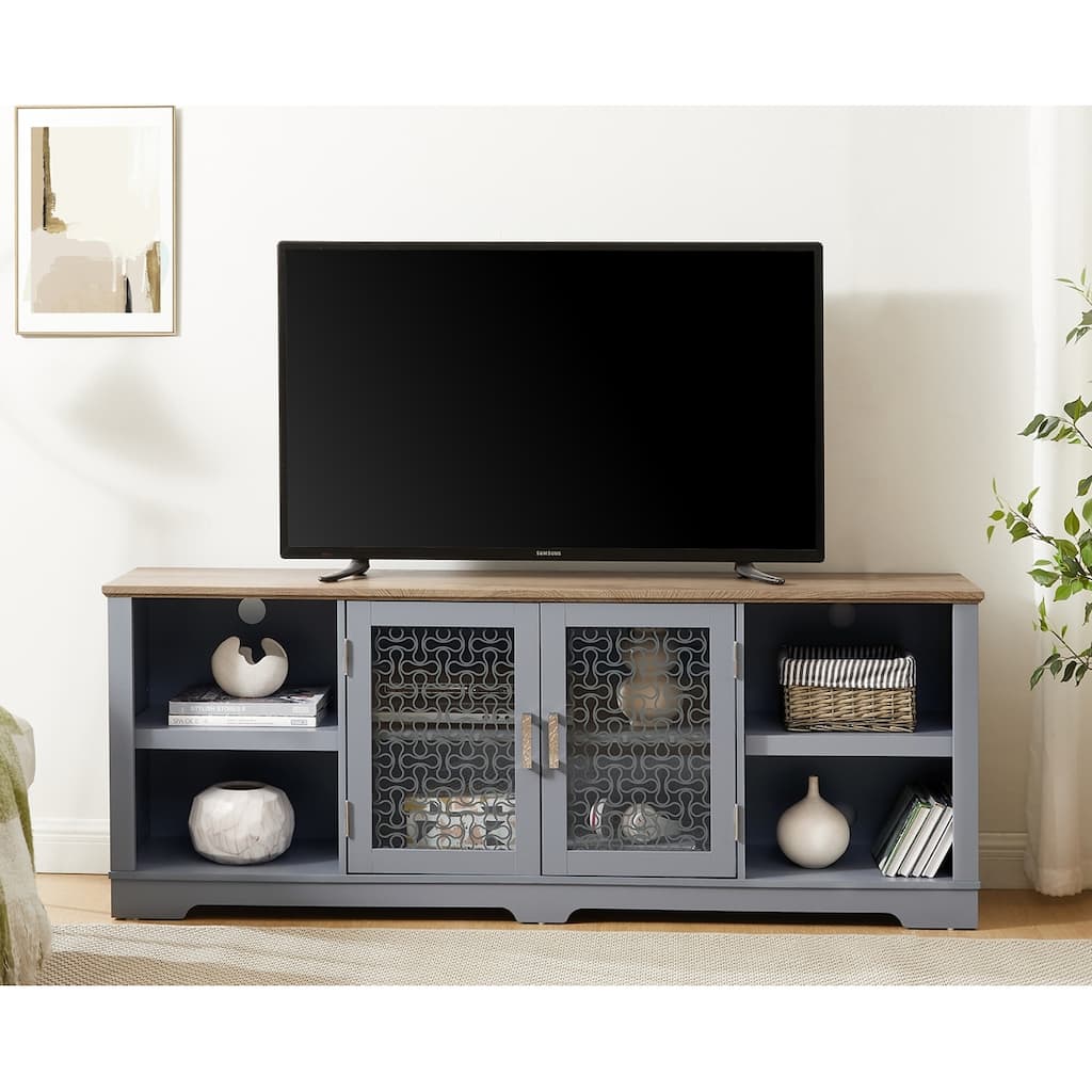 Farmhouse TV Media Stand Entertainment Console with Open Shelves and Glass Door Cabinets