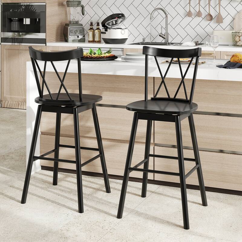 Set of 2 Black Rubber Wood Swivel Bar Chairs with Footrest and Curved Back