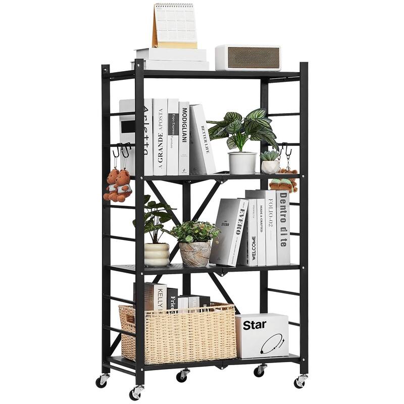 Black Carbon Steel 4 Tier Foldable Garage Storage Shelf with Wheels - 13 x 26 x 46 in