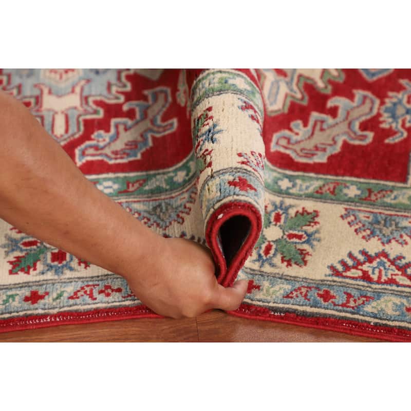 Red Geometric Kazak Rug Handmade Wool Carpet - 3'11" x 5'7"