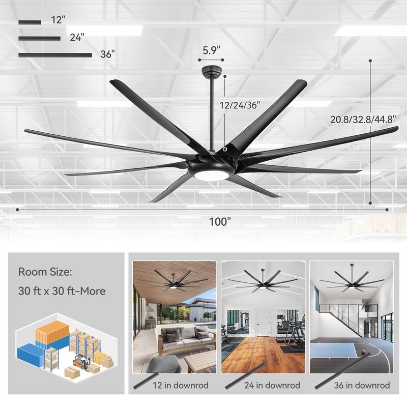 65/72/84/100 Inches Large LED Ceiling Fan with Light Remote(8-Blade)