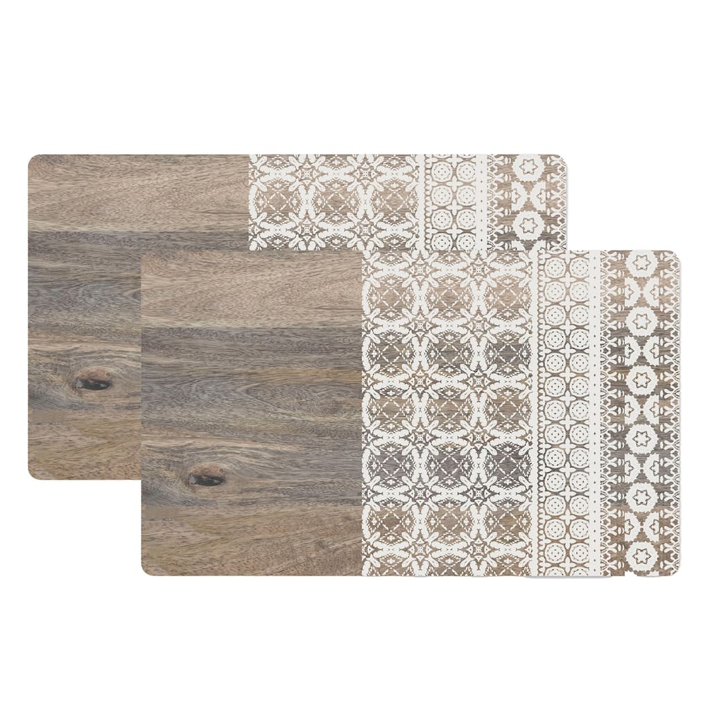 Abode Homewares Moroccan Wood Polypropylene Pet Feeding Placemat - 19" x 11.5" - Brown - Set of 2