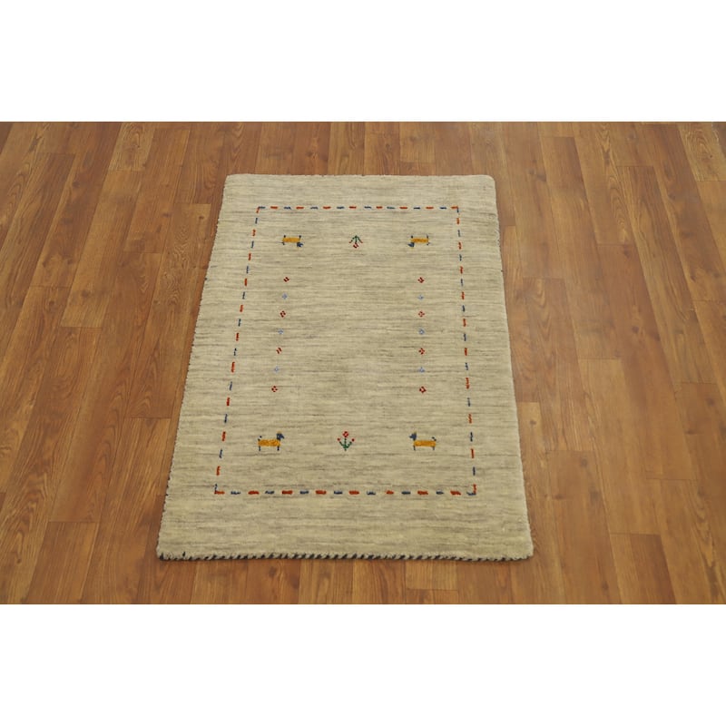 Hand Knotted Oriental 100% Wool Carpet Tribal Animal Pictorial Beige & Ivories Gabbeh Area Rug - 3' 0'' X 2' 0''
