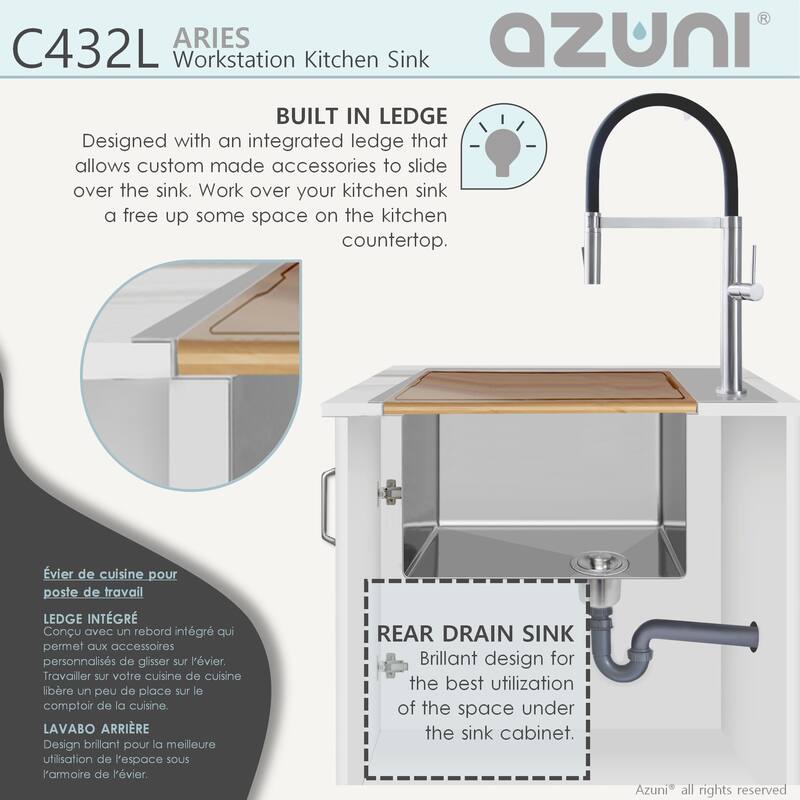 AZUNI 31.25 inch Top Mount Double Bowl Stainless Steel Ledge Workstation Kitchen Sink Handmade - 31.25" x 20.2" x 9"