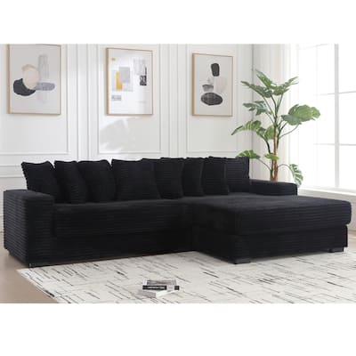 Black 111" Corduroy L-Shaped Sectional Sofa with Right Chaise & 8 Pillows