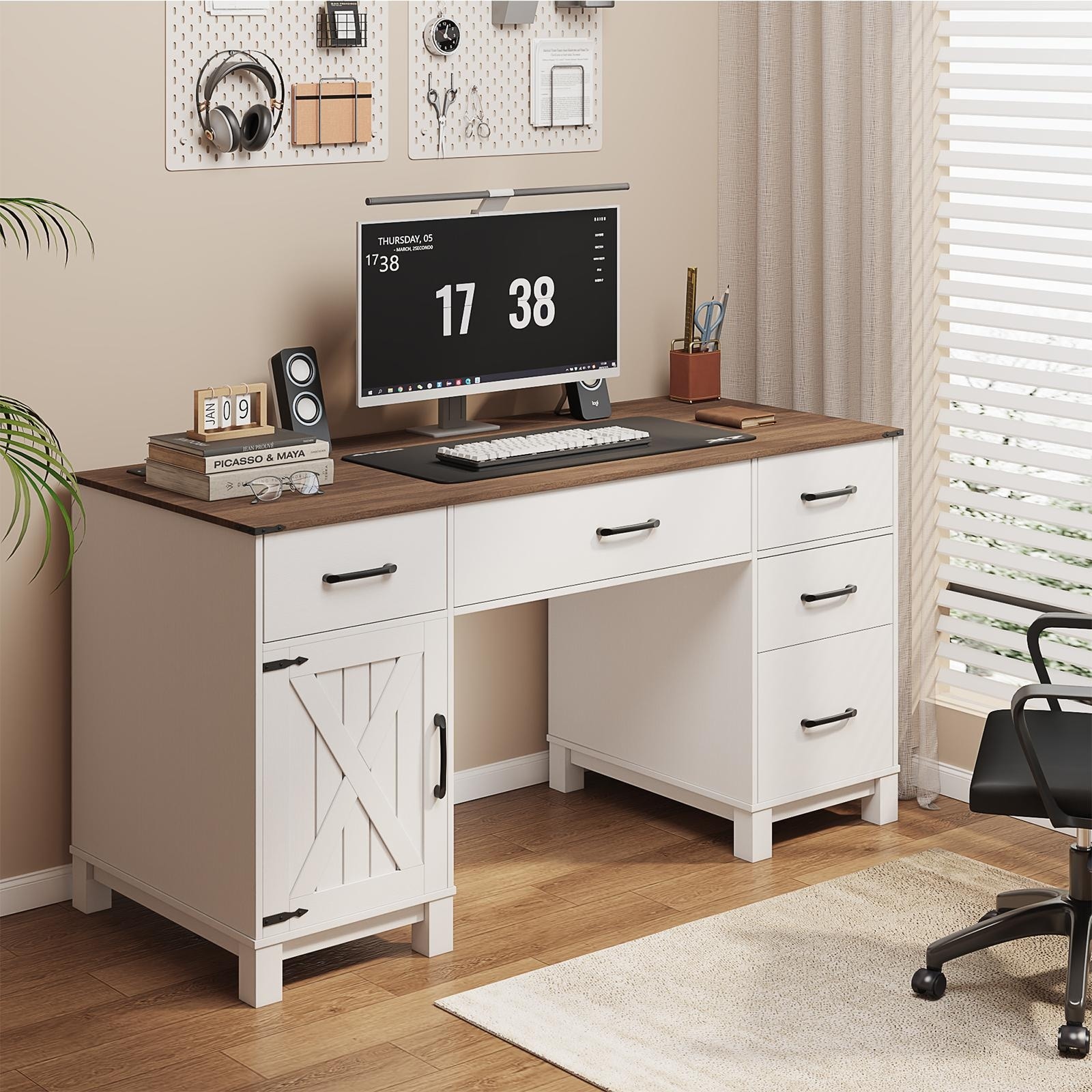 AVAWING 58" Farmhouse Desk with Drawers, Charging Station & Storage Cabinet - Solid Wood Home Office Desk