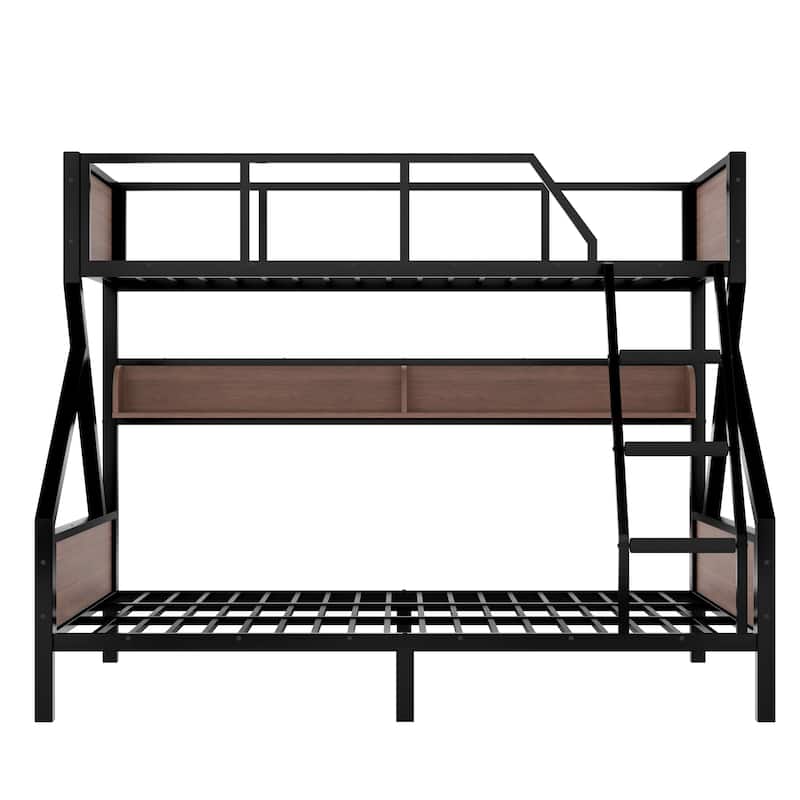 Metal Bunk Bed with Wood Storage Shelves and Light Strip, Noise-free Design Bed Frame with Guardrails, Ladder and Headboards