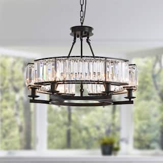 26 in. Round Crystal Chandelier Black Industrial Dining Room Light Fixtures 6-Light for Farmhouse Living Room Foyer