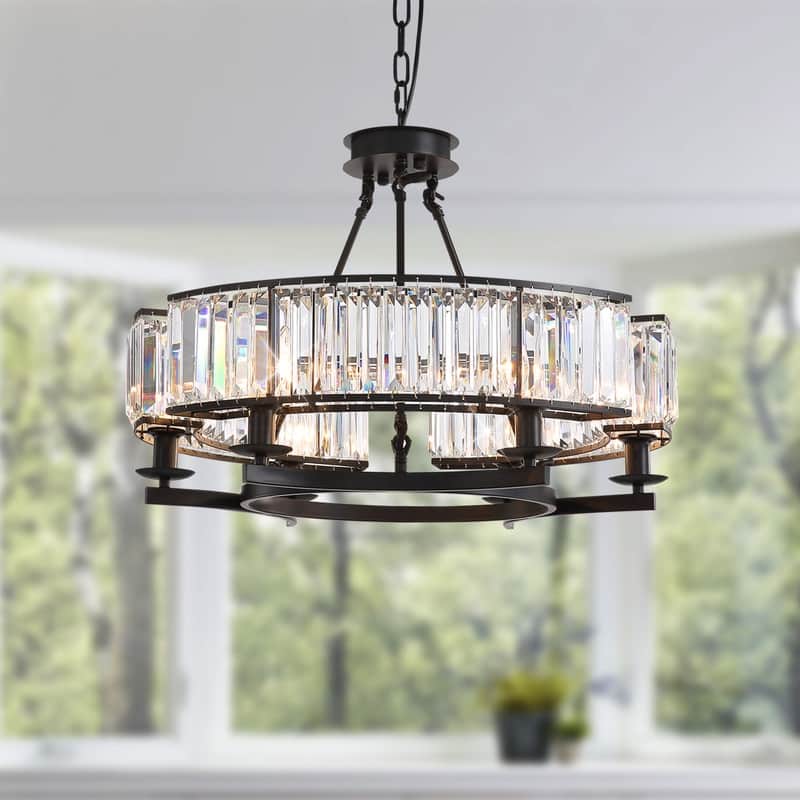 26 in. Round Crystal Chandelier Black Industrial Dining Room Light Fixtures 6-Light for Farmhouse Living Room Foyer