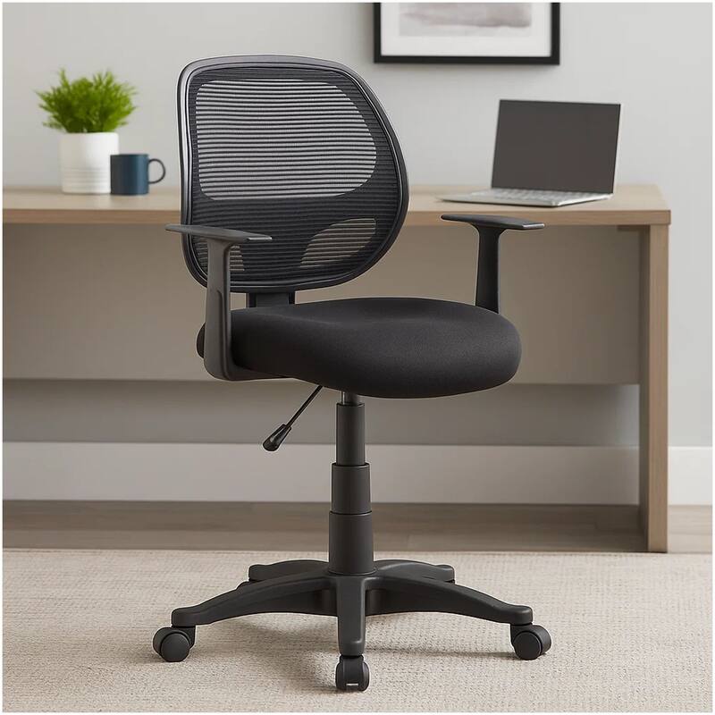 Maya Rolling Office Chair with T-Arms, Black Mesh, Foam Padding