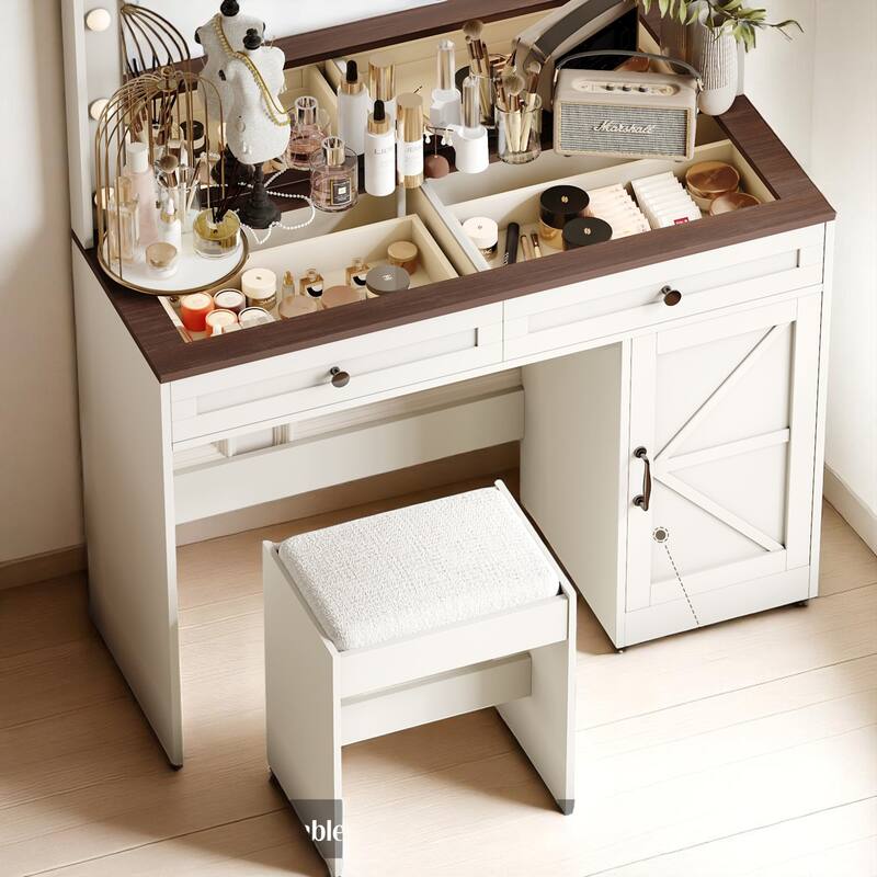 43.4" Makeup Vanity Table with LED Mirror & Stool - 3 Drawers, Adjustable Brightness, Dressing Desk