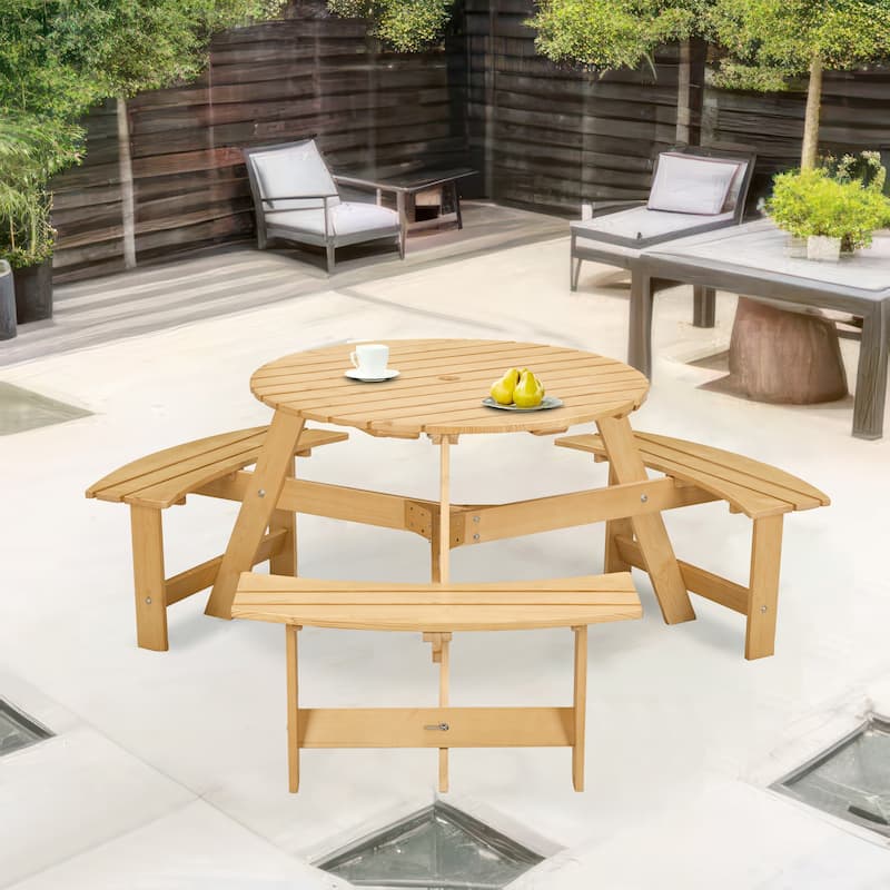 Outdoor 6 Person Picnic Table,6 person Round Picnic Table with 3 Built-in Benches,Umbrella Hole,Outside Table and Bench Set