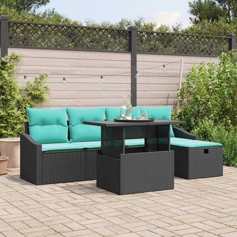 vidaXL 6 Garden Sofa Set with Cushions Black/Brown/Grey Poly Rattan - 91.7 x 46.1 x 27.2 - Black