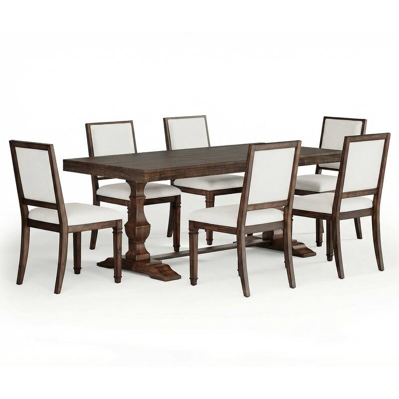 7-pieces Farmhouse Dining Table Set for 6, 74.8" Kitchen Table with Chairs, Solid Wood Legs and Upholstered Back