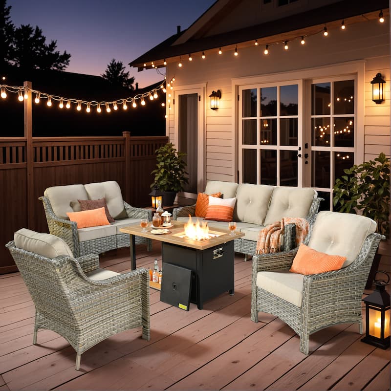 XIZZI 5-Piece Patio Wicker Furniture Conversation Set with Firepit